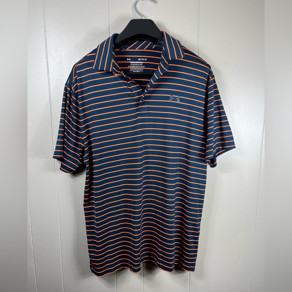 Under Armour Shirt Men's Sz Large The Playoff Polo Blue Orange Striped Golf
